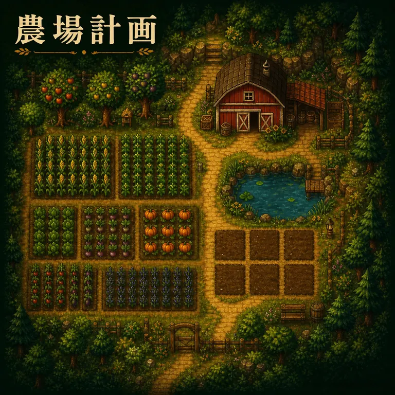 作物畑、納屋、池、果樹、小道を配置した農場計画の俯瞰図
