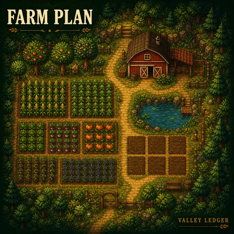 Overhead farm plan with crop fields, a barn, a pond, orchard trees, and paths