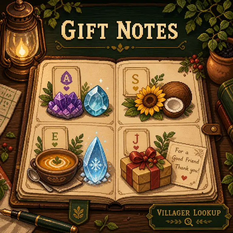 Gift notes reference book with crystals, sunflower, coconut, soup, frozen tear, and a wrapped present