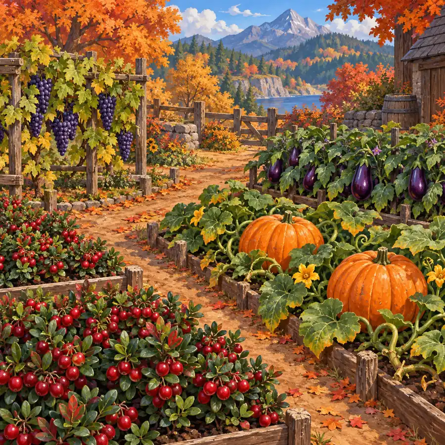 Editorial concept illustration, not a game screenshot: an autumn field with cranberries, pumpkins, grapes, and eggplants