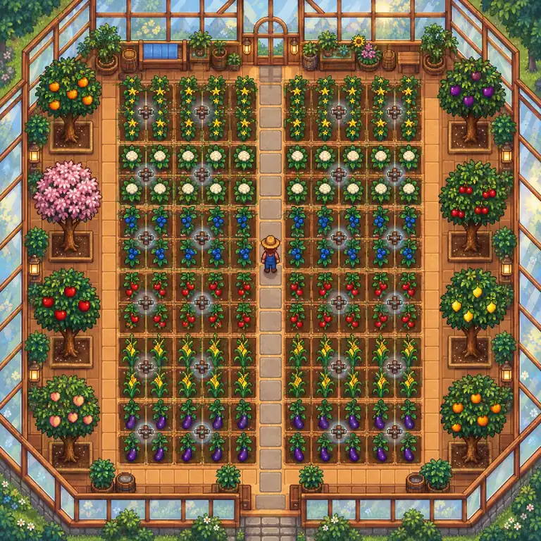 作物、スプリンクラー、果樹、中央の通路を配置したStardew Valley温室レイアウトの概念図