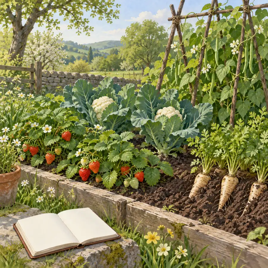 Editorial illustration, not a game screenshot: a spring garden with strawberries, leafy crops, and a bean trellis under fresh green trees