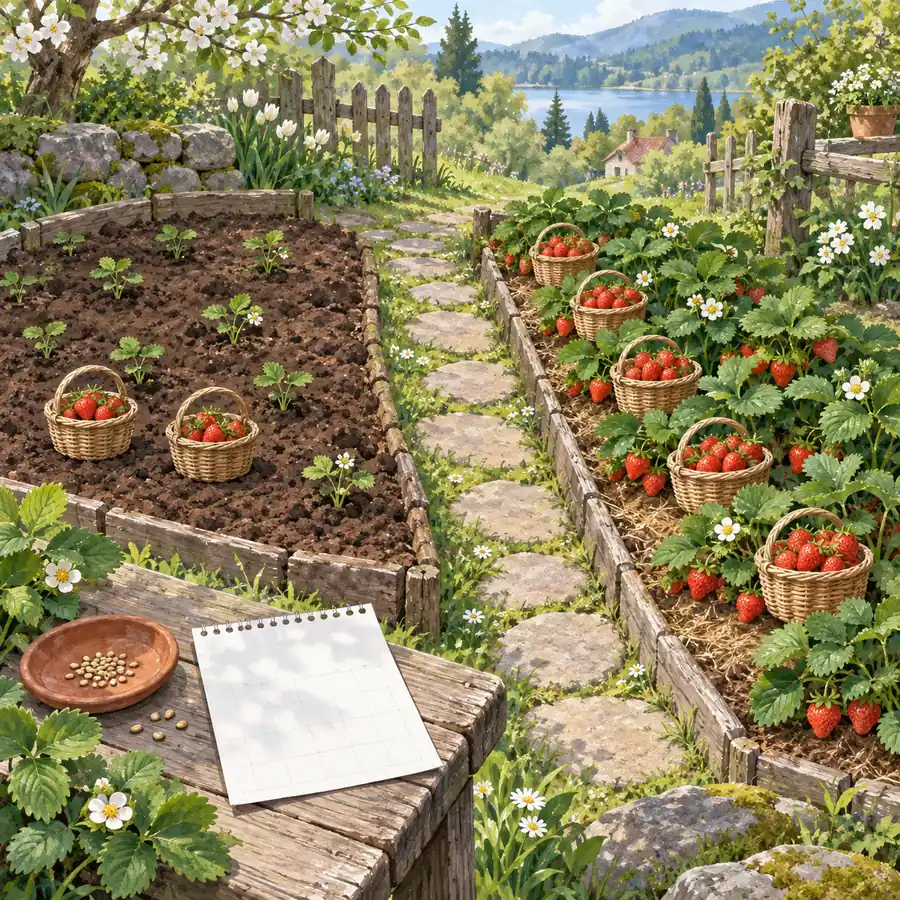 Editorial concept illustration of strawberry plants at two growth stages beside a spring farm path; not an in-game screenshot
