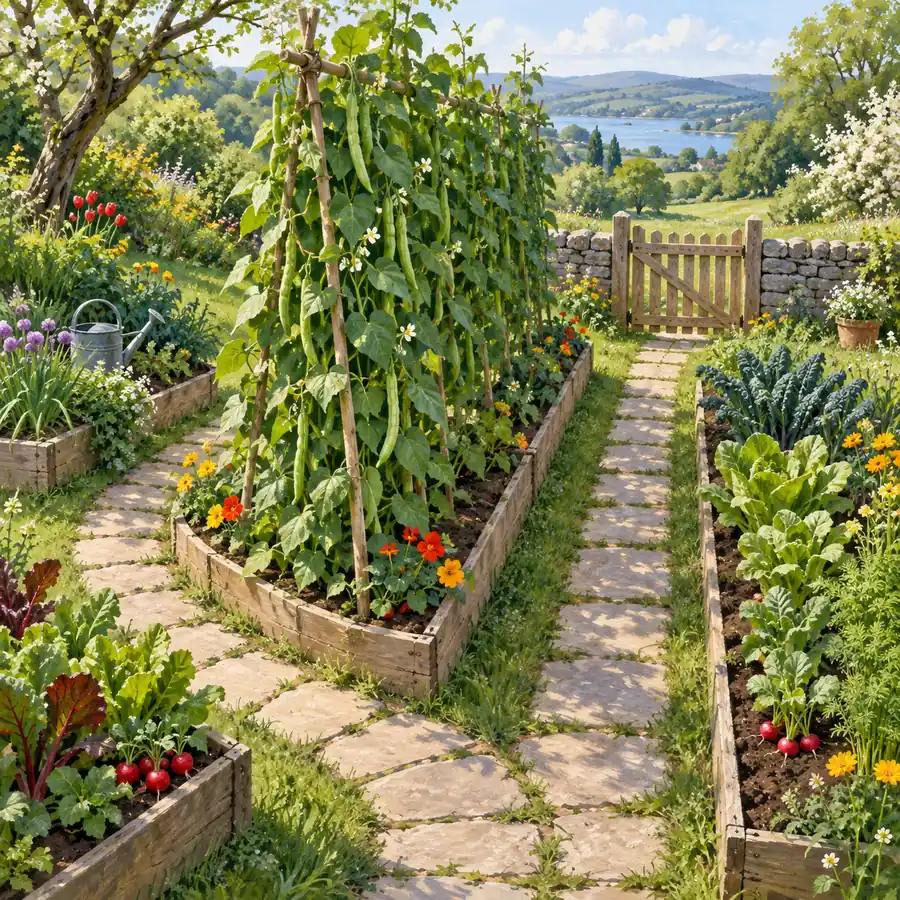 Editorial concept illustration comparing a walkable spring crop row with Green Bean vines on trellises; not an in-game screenshot