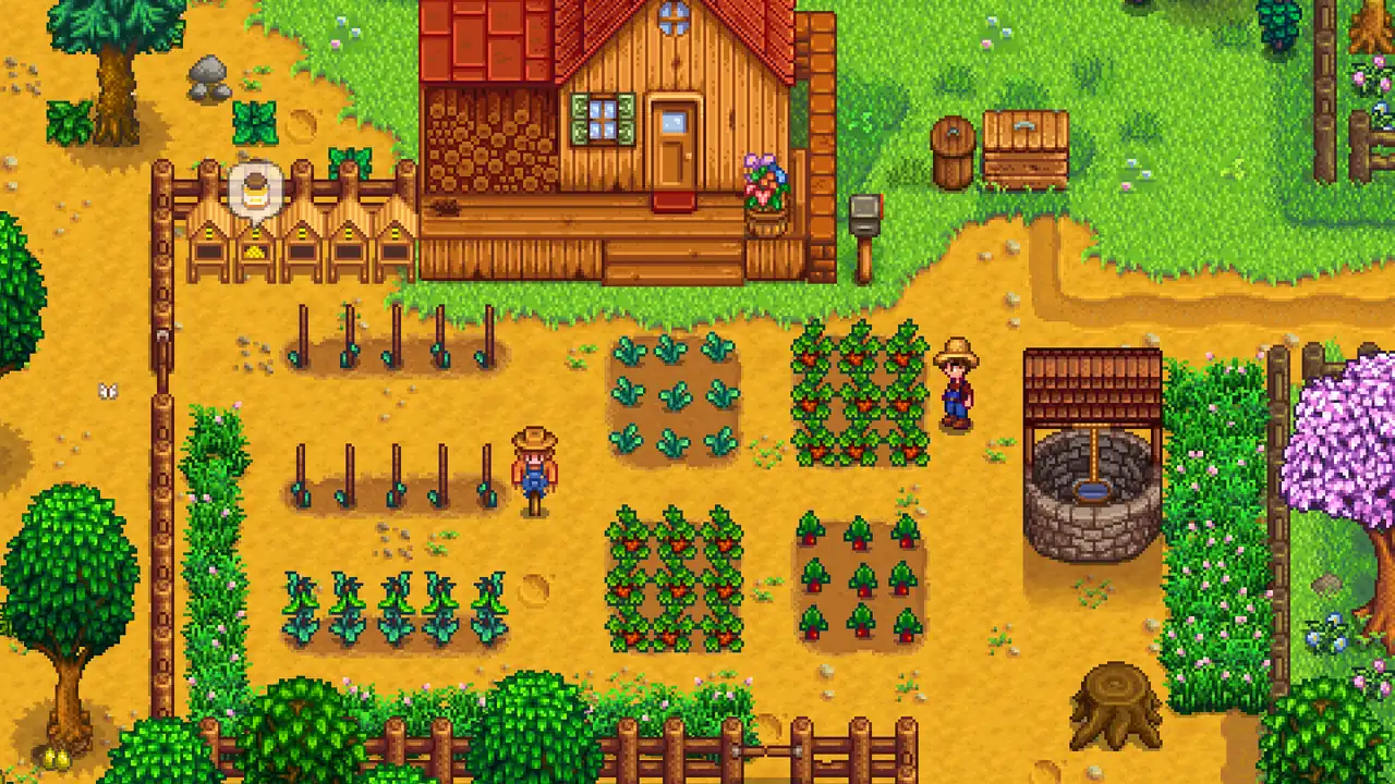 Official Stardew Valley press-kit gameplay showing crop beds, trellises, paths, and farm buildings